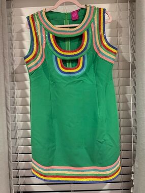 QUEEN OF SPARKLES Green Sleeveless Beaded Rainbow Trim Shift Dress